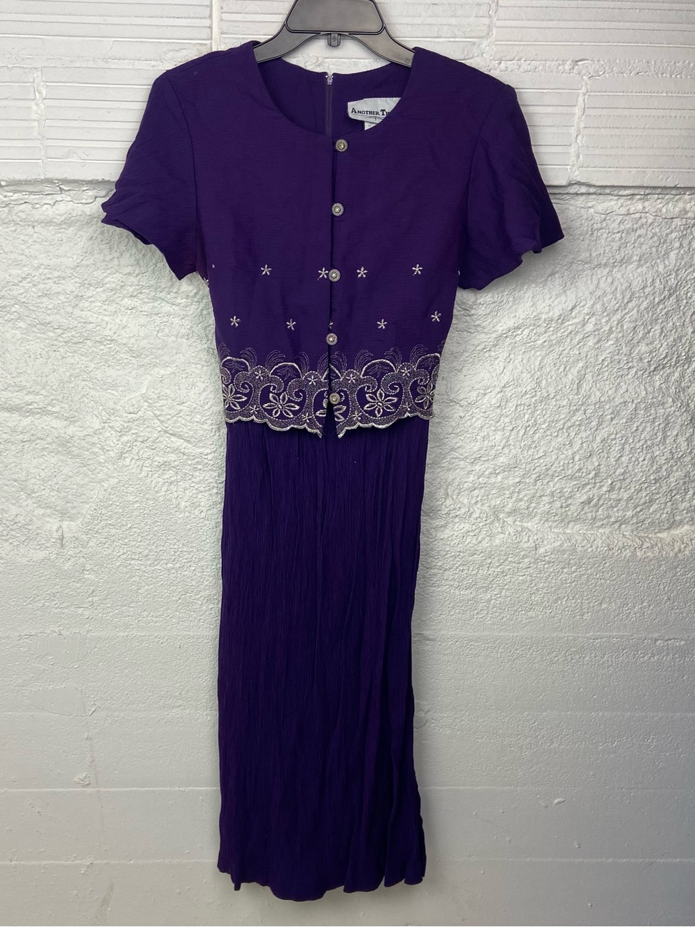 Another Thyme Purple Button-Front embroidered midi dress vintage 1980s or1990s